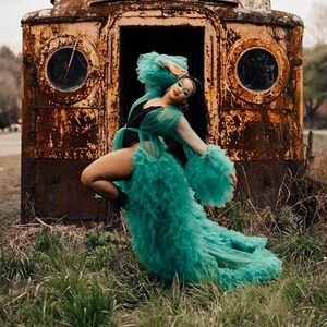 Michealboy Sheer Long Robe Puffy Tulle Sheer dressing gown. Dark Green Size: M